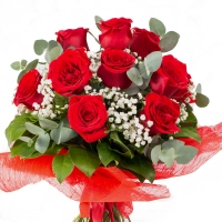 Buchet 13 trandafiri rosii cu gipsofila 3